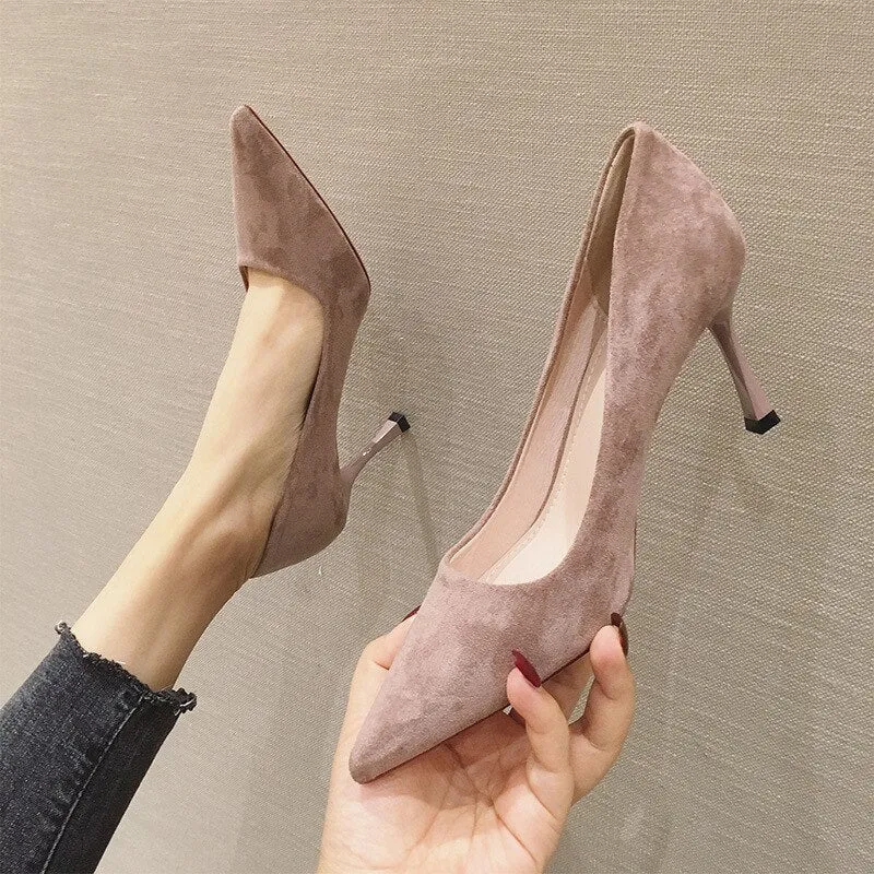 Amozae  2024 Ladies Shoe Women High Heel Fashion All-Match Comfortable Suede Pointed Toe Wear-Resistant Shoe Tacones Mujer Calzado Mujer