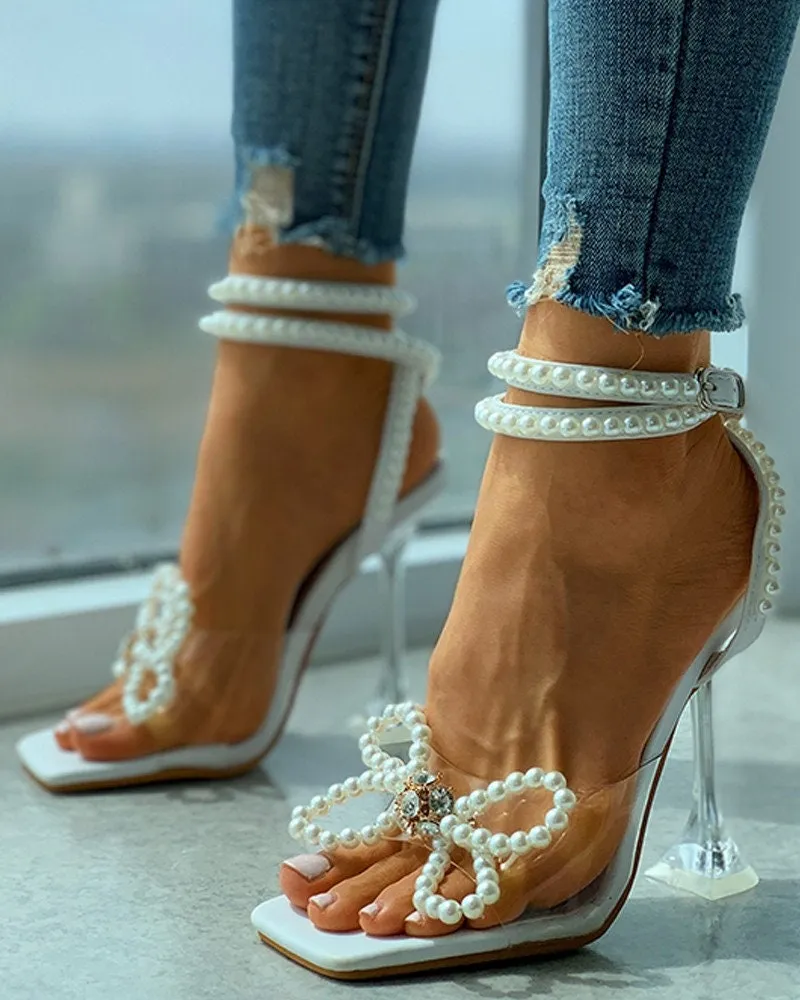 Beaded Bowknot Decor Heels