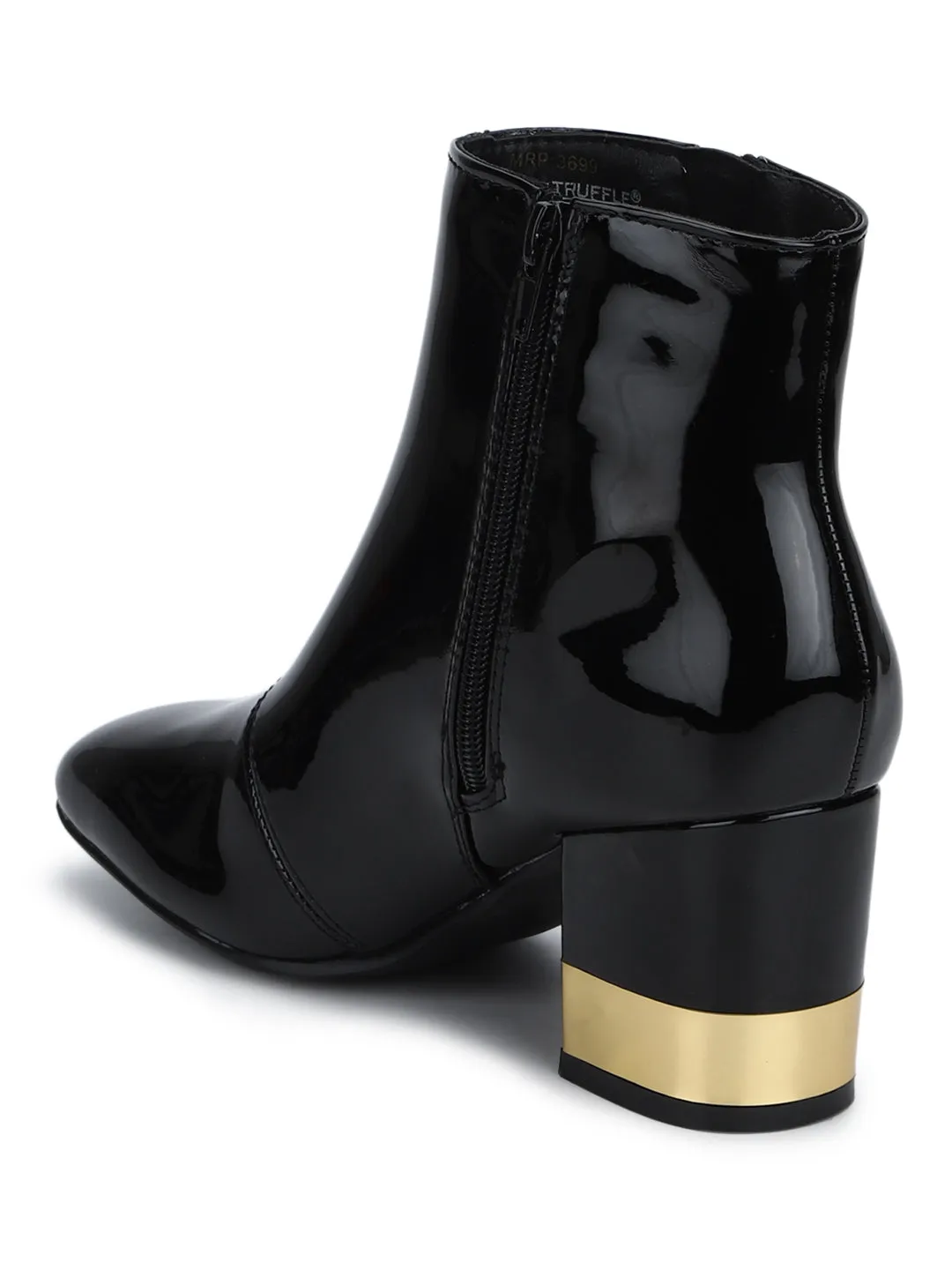 Black Patent Golden Heel Side Zipper Ankle Boots