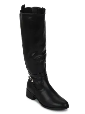 Black Pu Buckled Low Heel Calf Length Boots