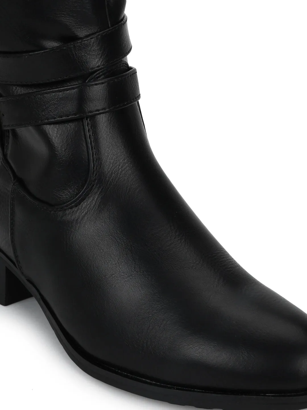 Black Pu Buckled Low Heel Calf Length Boots