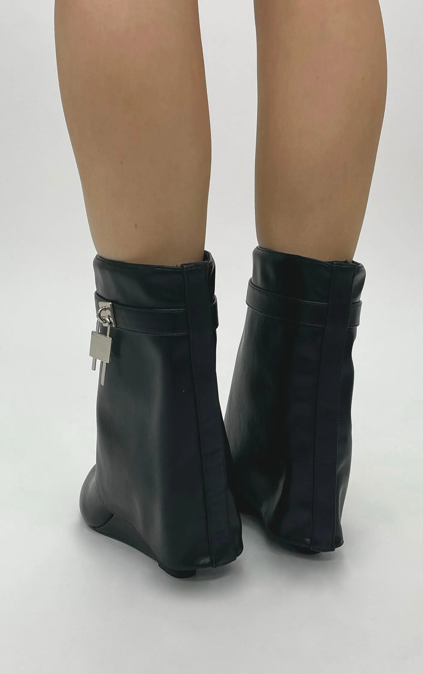 Black PU Wedge Padlock Ankle Fold Over Shark Boots