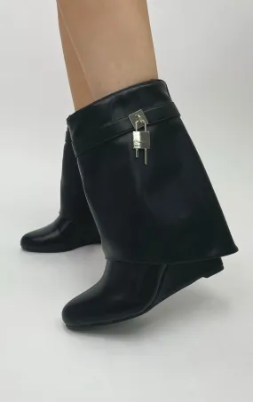 Black PU Wedge Padlock Ankle Fold Over Shark Boots