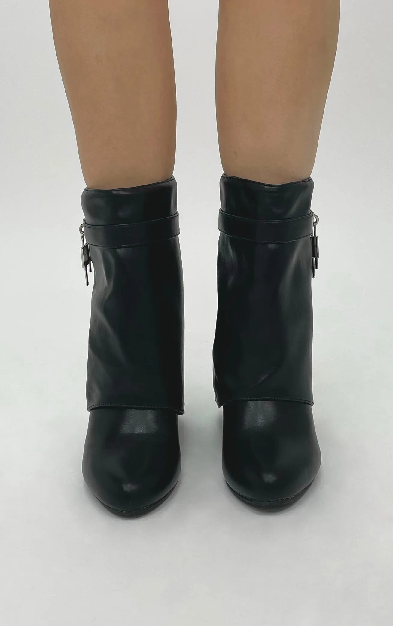 Black PU Wedge Padlock Ankle Fold Over Shark Boots