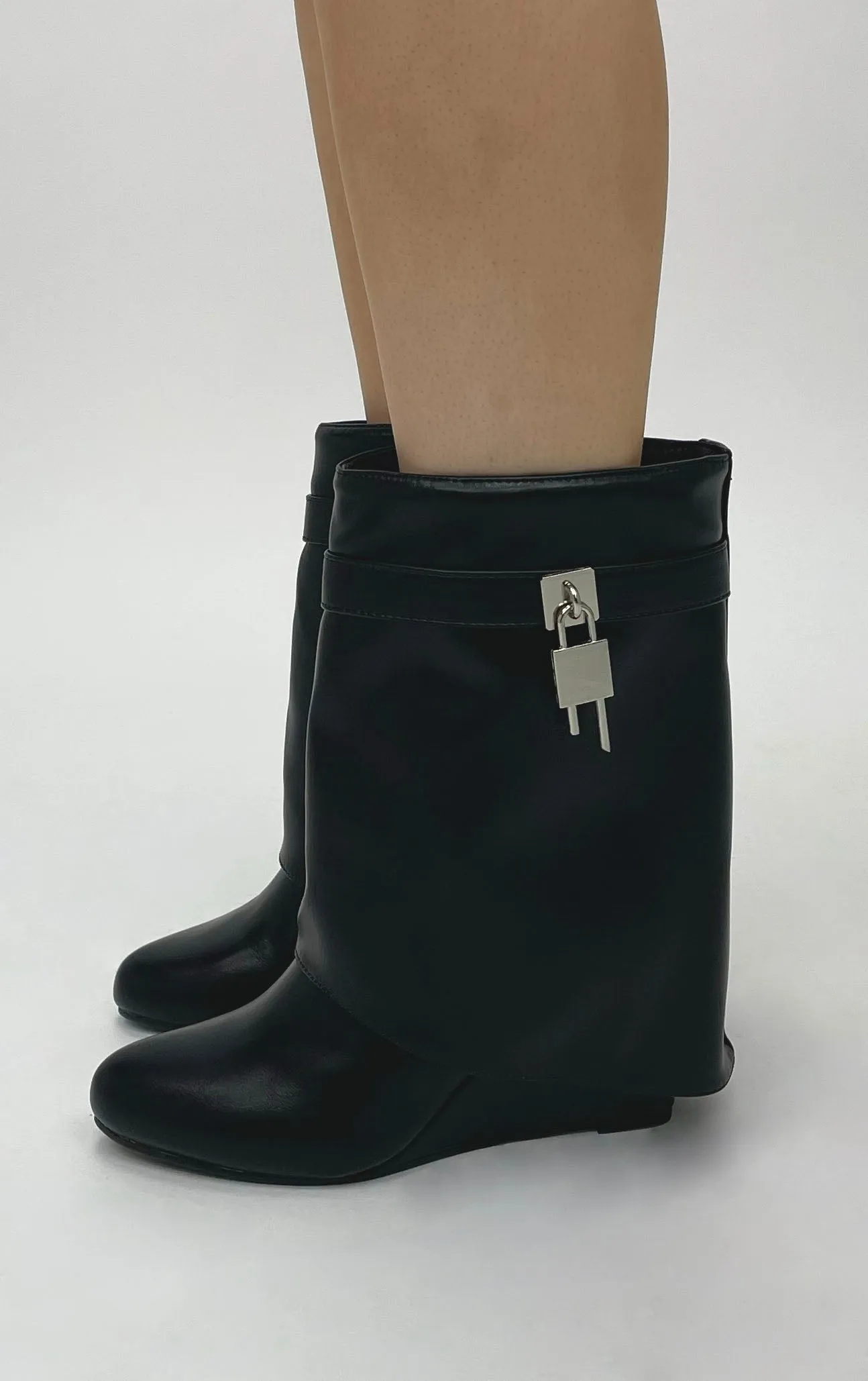 Black PU Wedge Padlock Ankle Fold Over Shark Boots