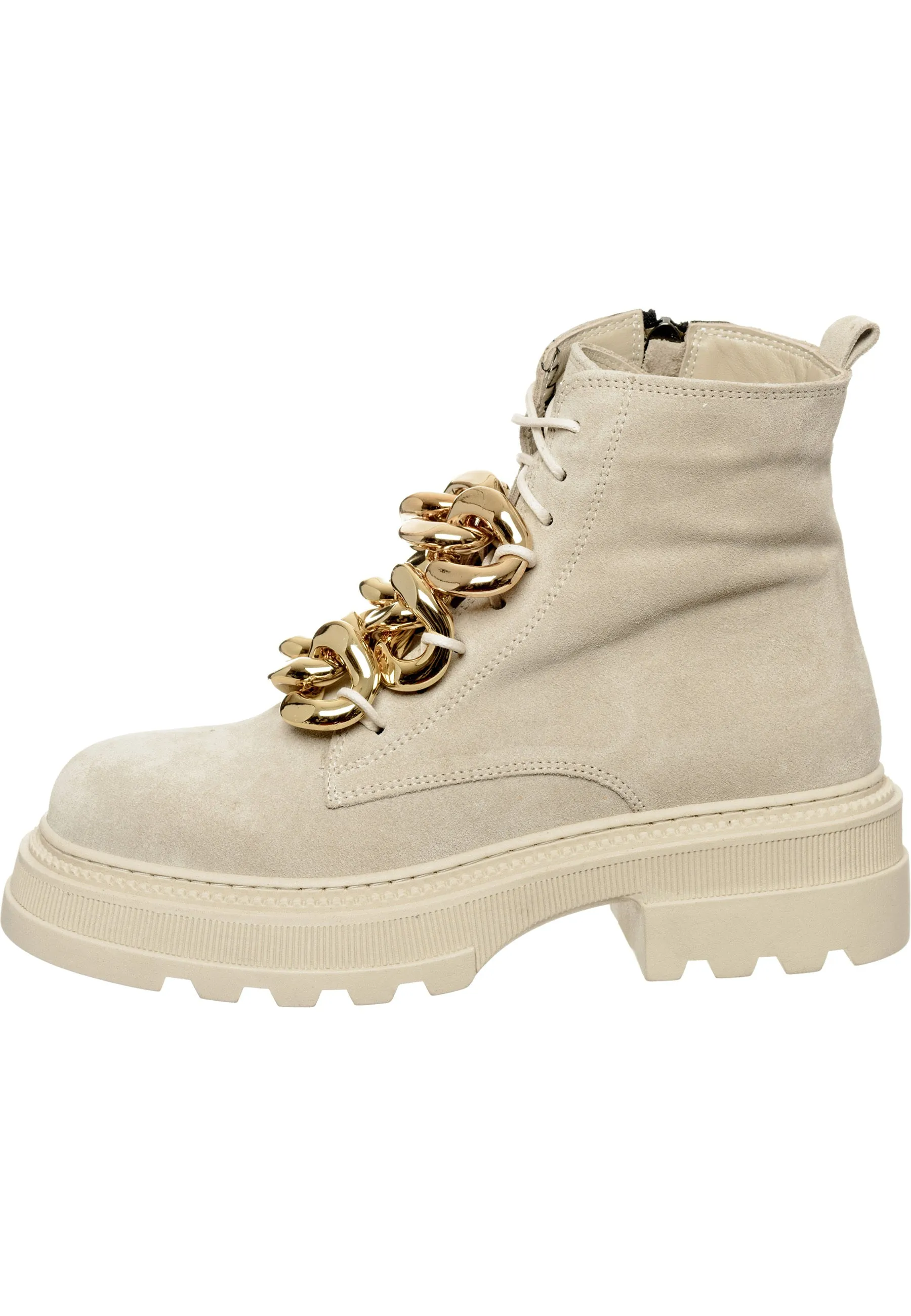 Chain-Embellished Suede Ankle Boots - Beige