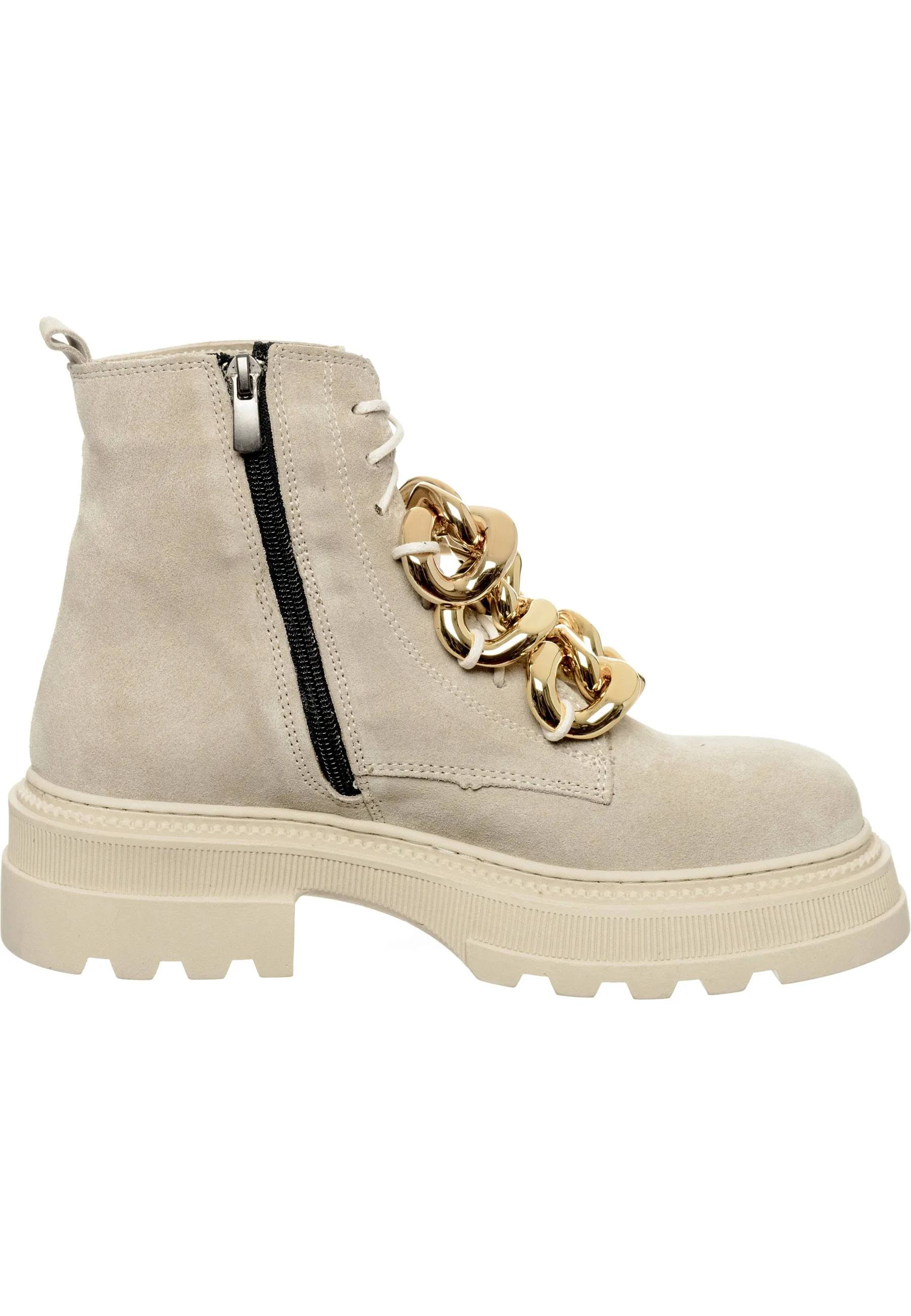 Chain-Embellished Suede Ankle Boots - Beige