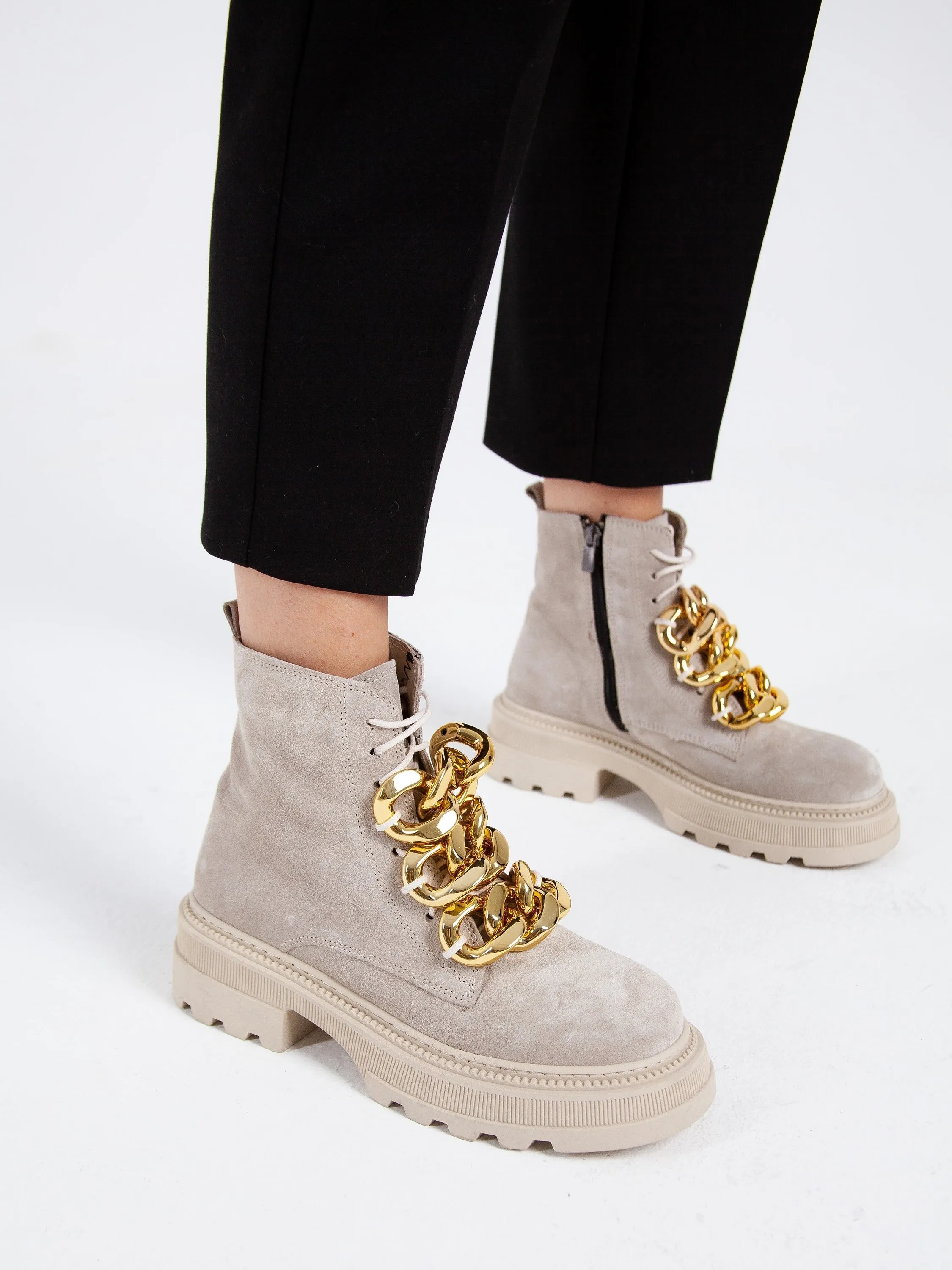 Chain-Embellished Suede Ankle Boots - Beige