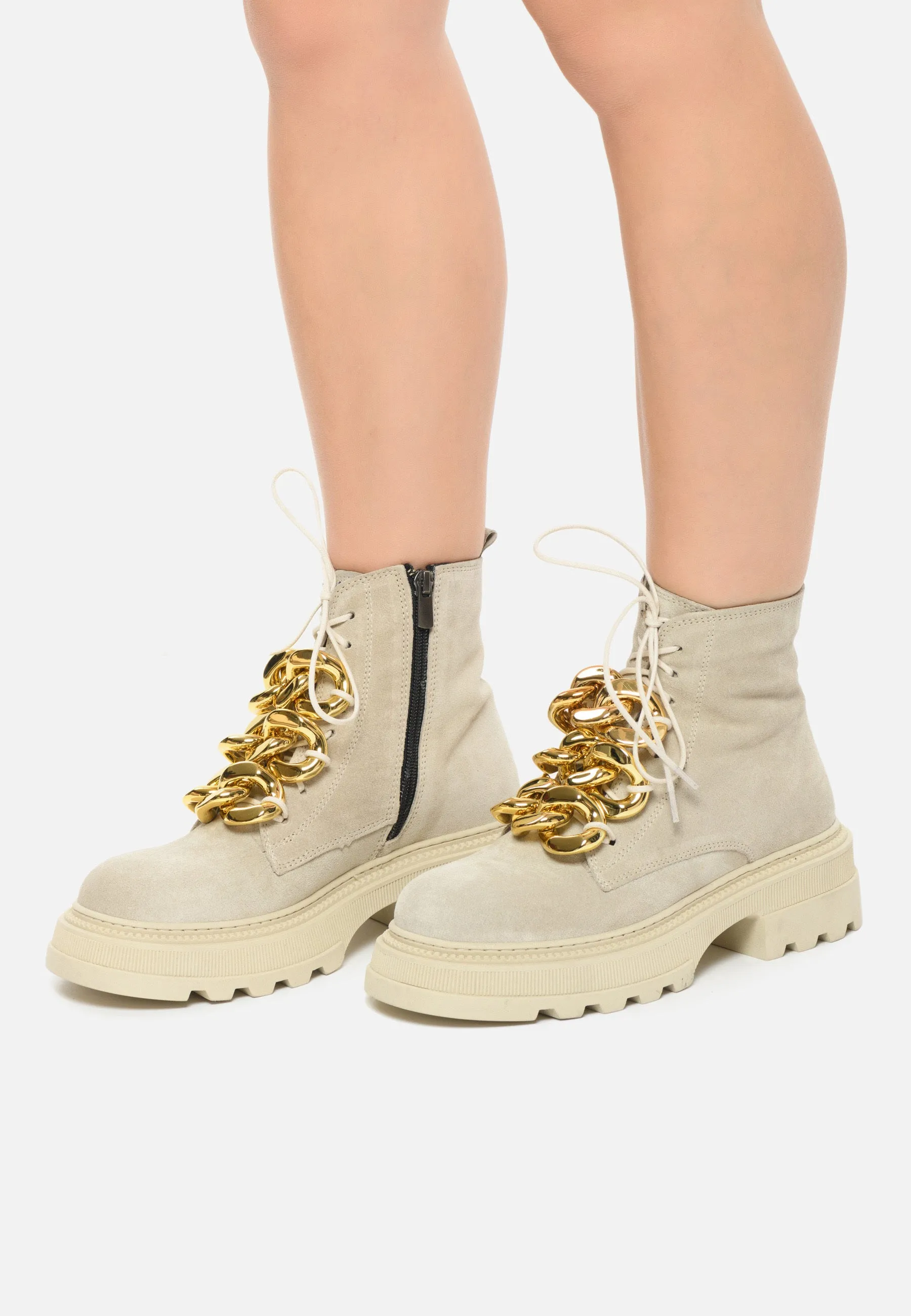 Chain-Embellished Suede Ankle Boots - Beige