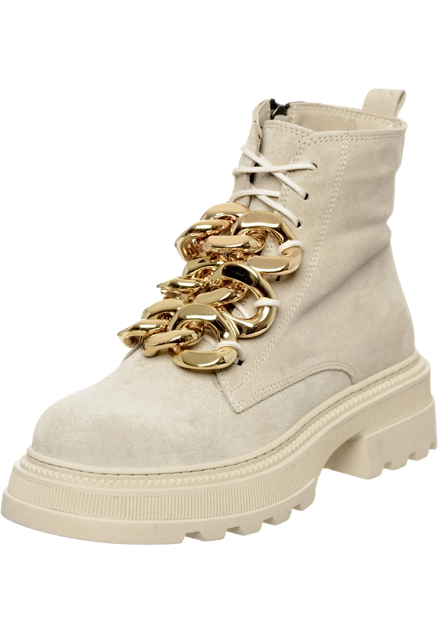 Chain-Embellished Suede Ankle Boots - Beige