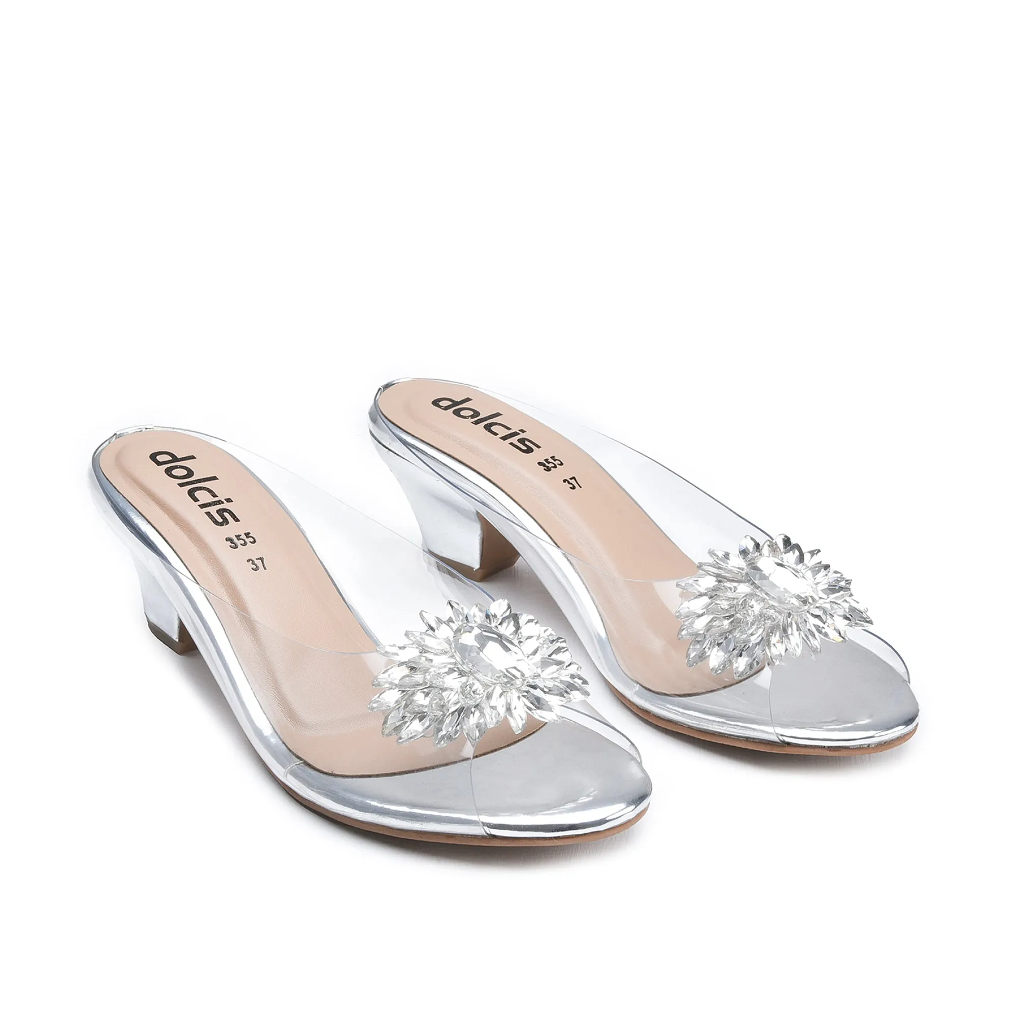 Chic Silver Kitten Heels with Rhinestone Detail | 596K-S