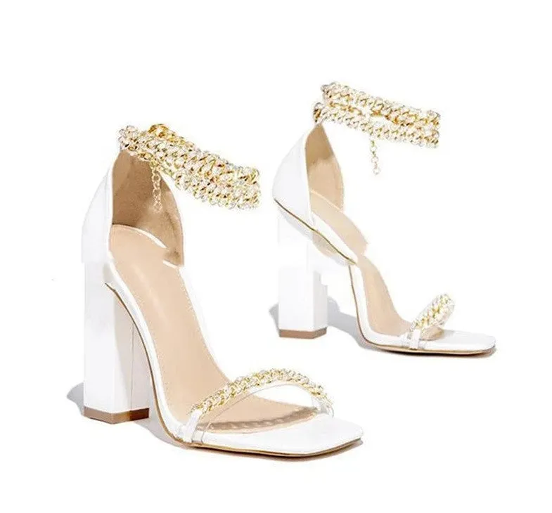 Chunky Rhinestone Ankle Chain Strap Heels