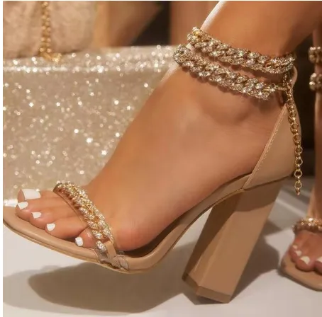 Chunky Rhinestone Ankle Chain Strap Heels