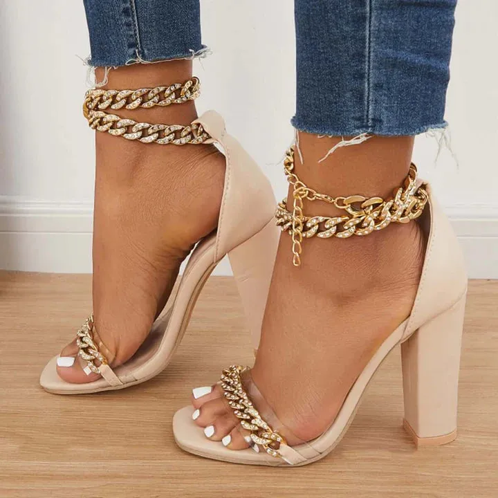 Chunky Rhinestone Ankle Chain Strap Heels