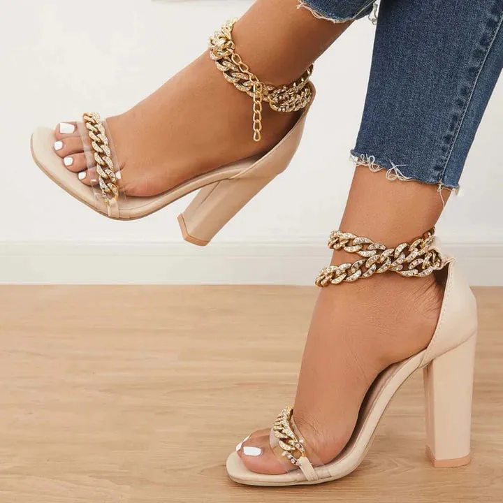 Chunky Rhinestone Ankle Chain Strap Heels