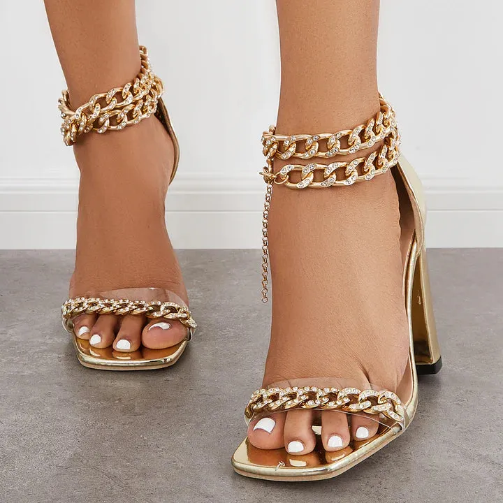 Chunky Rhinestone Ankle Chain Strap Heels