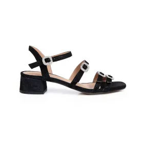 Emilia: Black Shimmer Low Block Heel Sandals