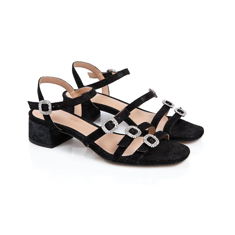 Emilia: Black Shimmer Low Block Heel Sandals