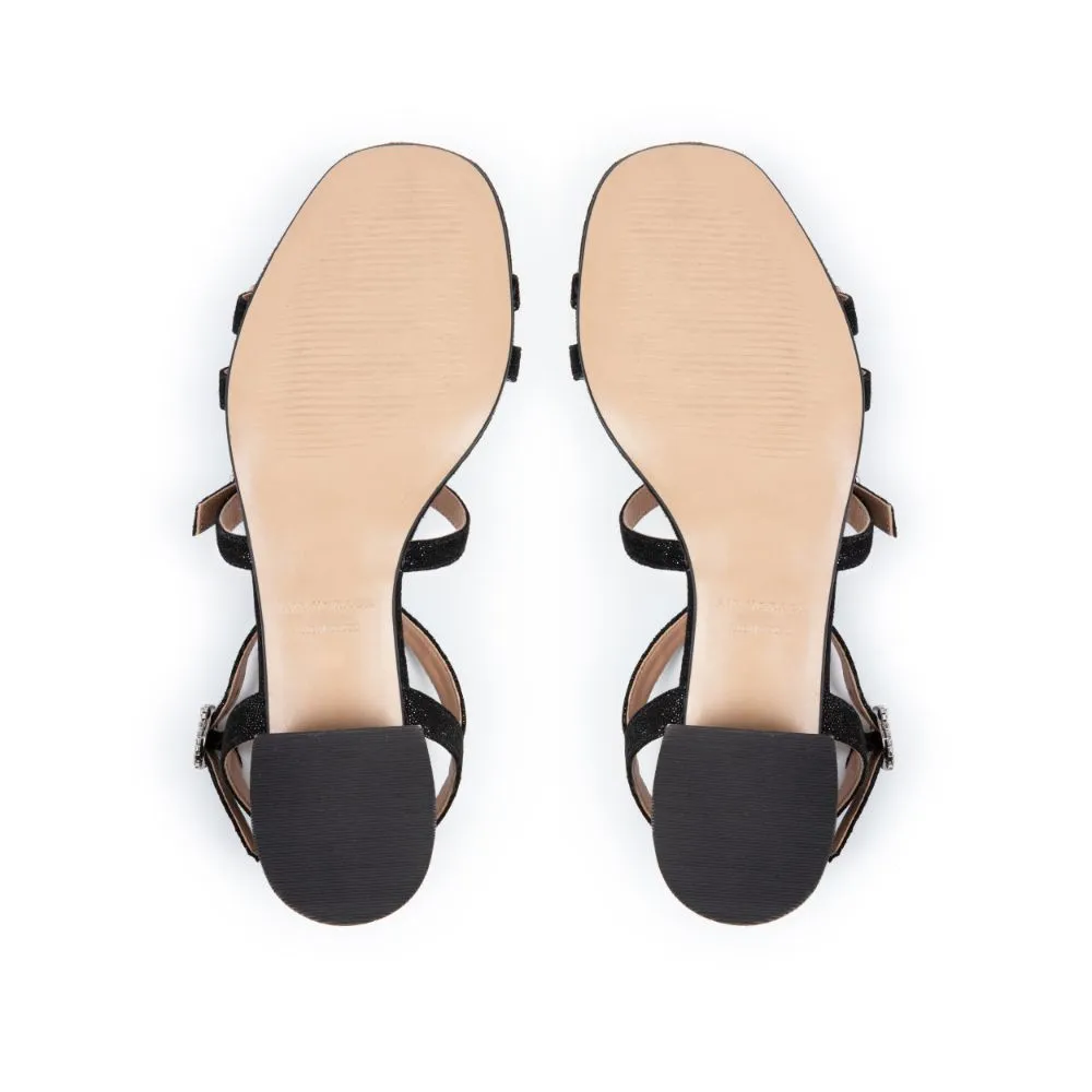 Emilia: Black Shimmer Low Block Heel Sandals