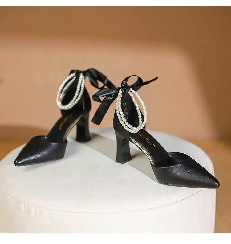 Fashion Pearl Ribbon Bow Heels