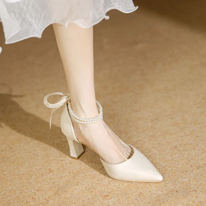 Fashion Pearl Ribbon Bow Heels