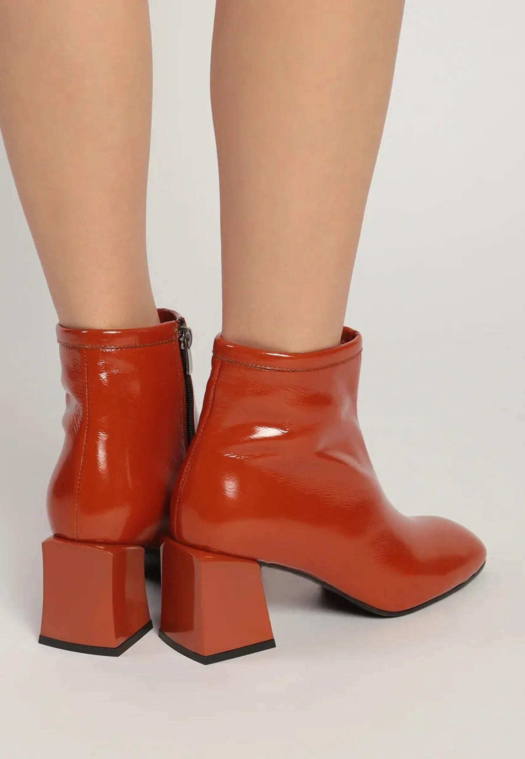 Glossy Block Heel Ankle Boots - Orange