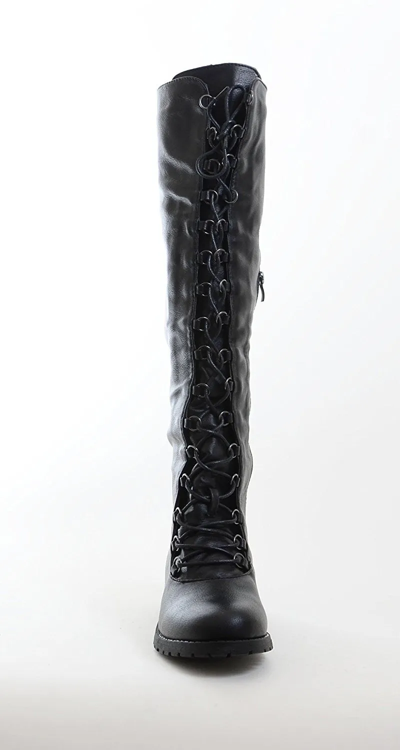 Knee High Lace Up Riding Faux Leather Thigh High Combat Boots