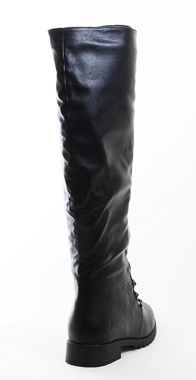 Knee High Lace Up Riding Faux Leather Thigh High Combat Boots