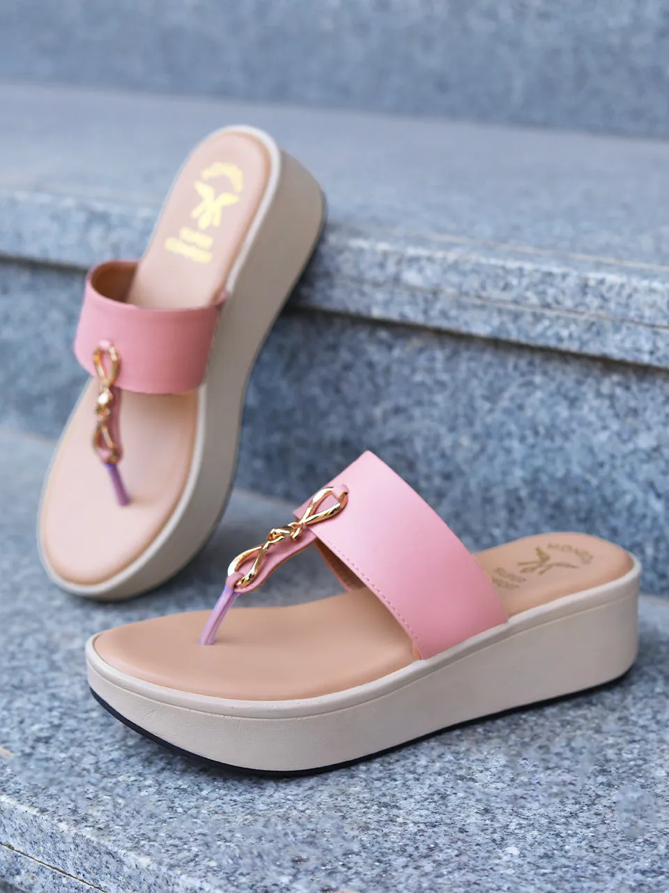 Meera T-Strap Gleam Trim Pink Flatform Sandals