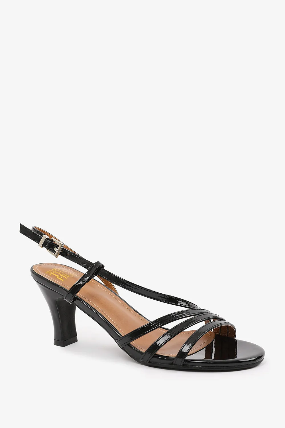 MYKONOS WIDE FIT MUTLI STRAP SLINGBACK LOW BLOCK HEEL IN BLACK PATENT