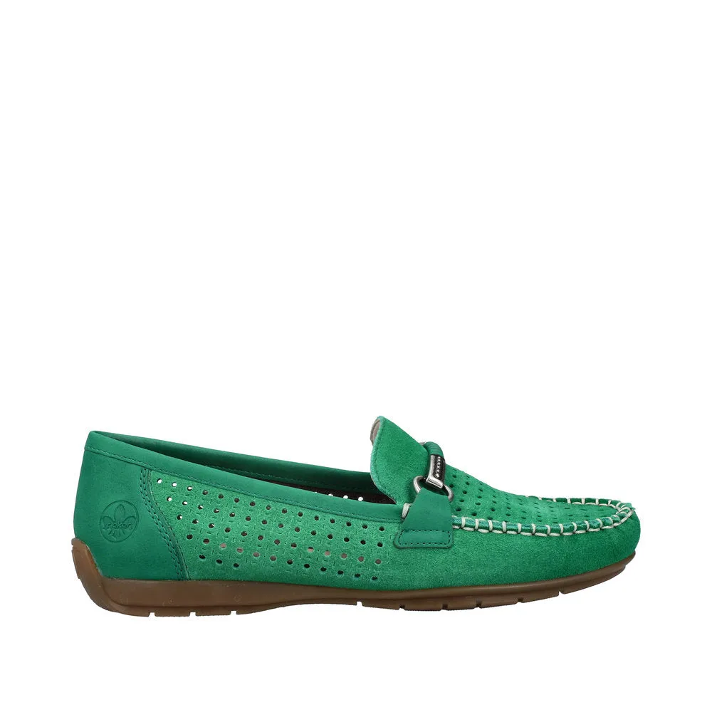 Rieker 40253-54 Ladies Green Leather Slip On Loafers