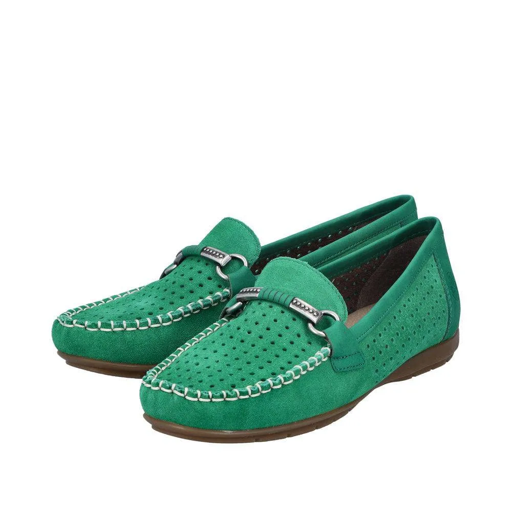 Rieker 40253-54 Ladies Green Leather Slip On Loafers