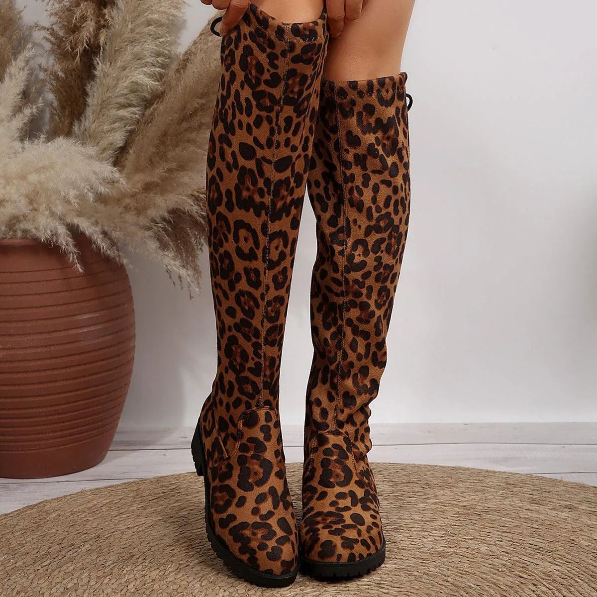 Sexy Leopard Over Knee Lace-up Back High-tube Socks Boots Chunky Heels