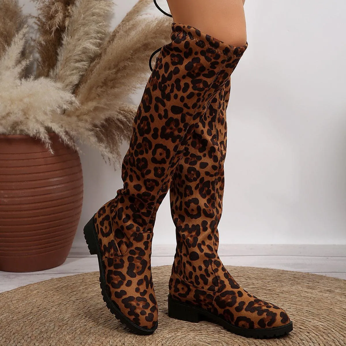 Sexy Leopard Over Knee Lace-up Back High-tube Socks Boots Chunky Heels