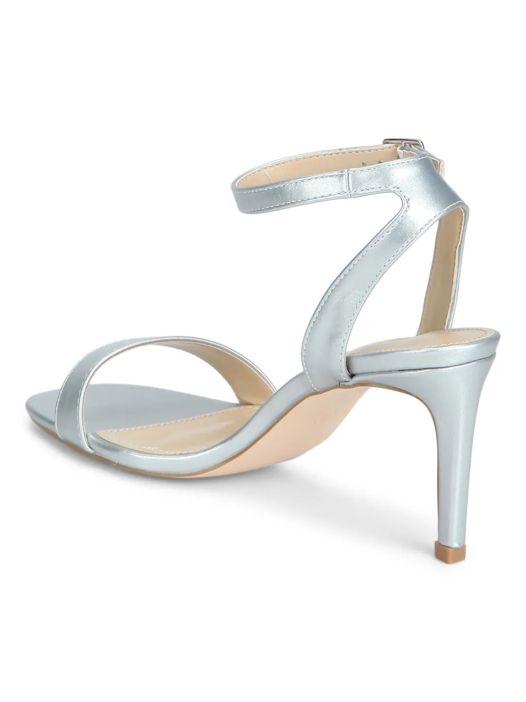 Silver PU Thin Ankle Strap Stilettos