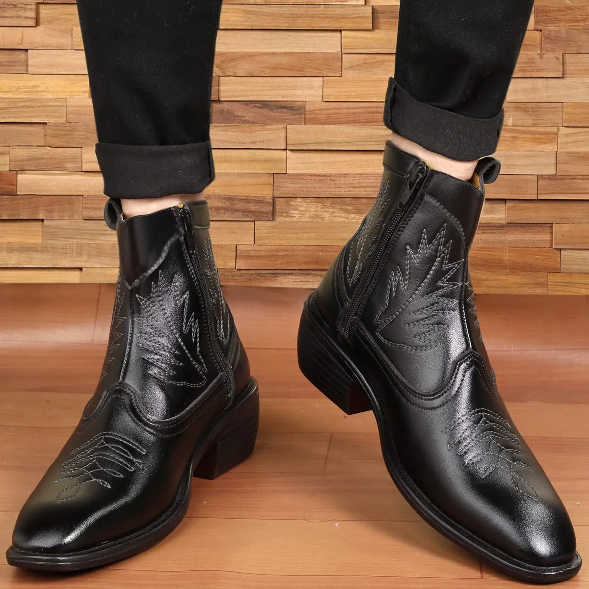 Stylish High Ankle Black Casual And Formal Boot With Leaf Pattern-JonasParamount