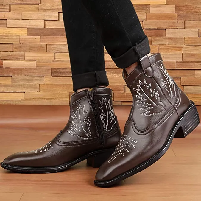 Stylish High Ankle Brown Casual And Formal Boot With Leaf Pattern-JonasParamount