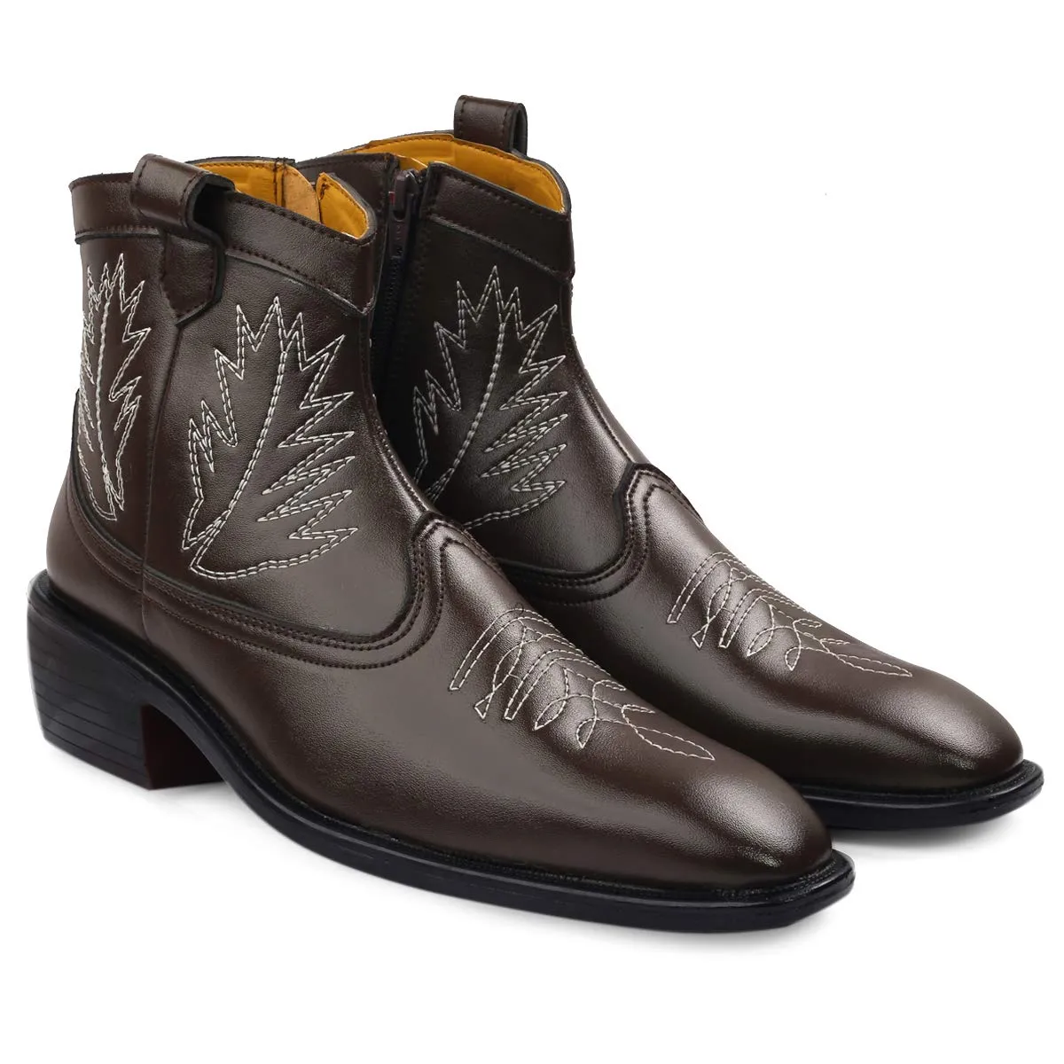 Stylish High Ankle Brown Casual And Formal Boot With Leaf Pattern-JonasParamount