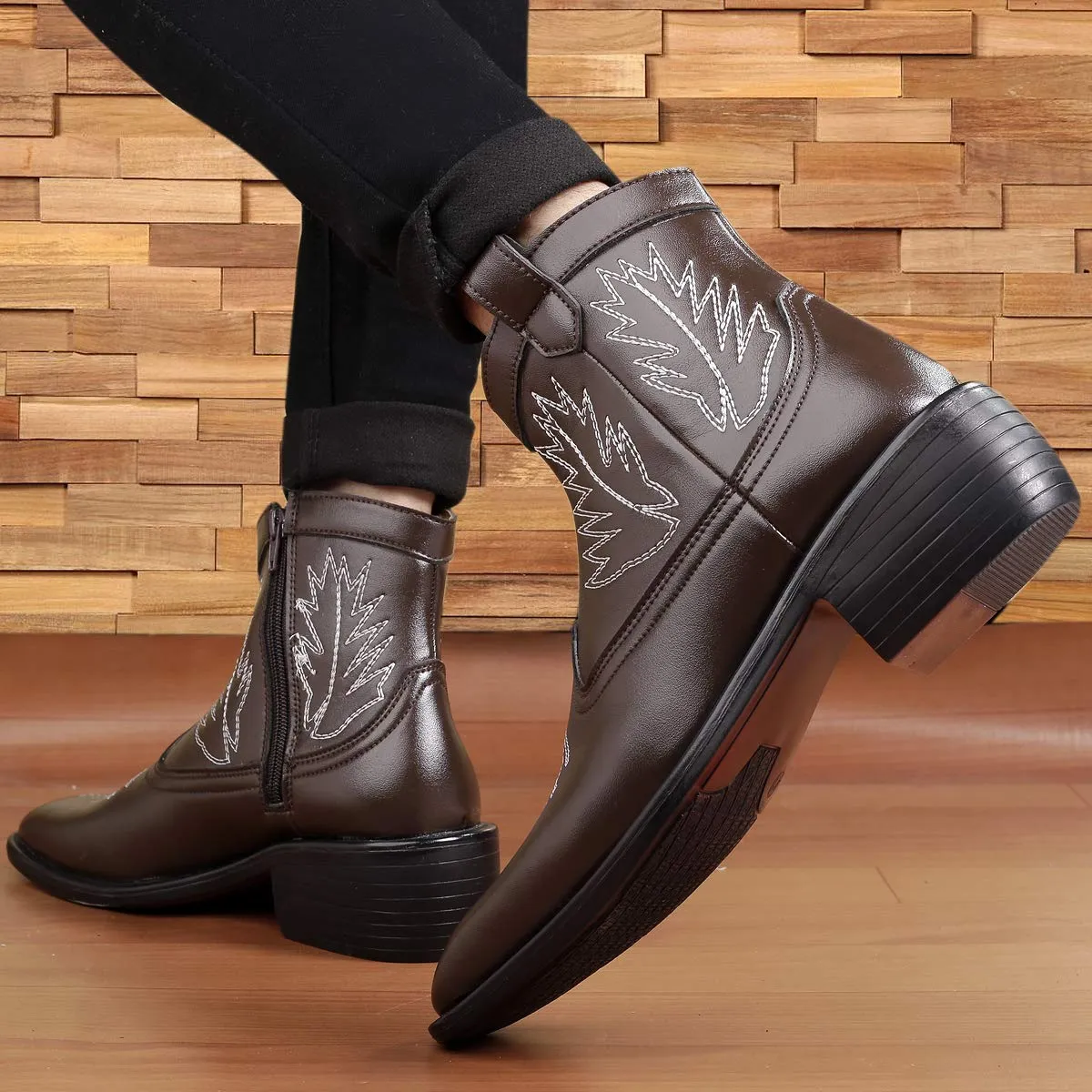 Stylish High Ankle Brown Casual And Formal Boot With Leaf Pattern-JonasParamount