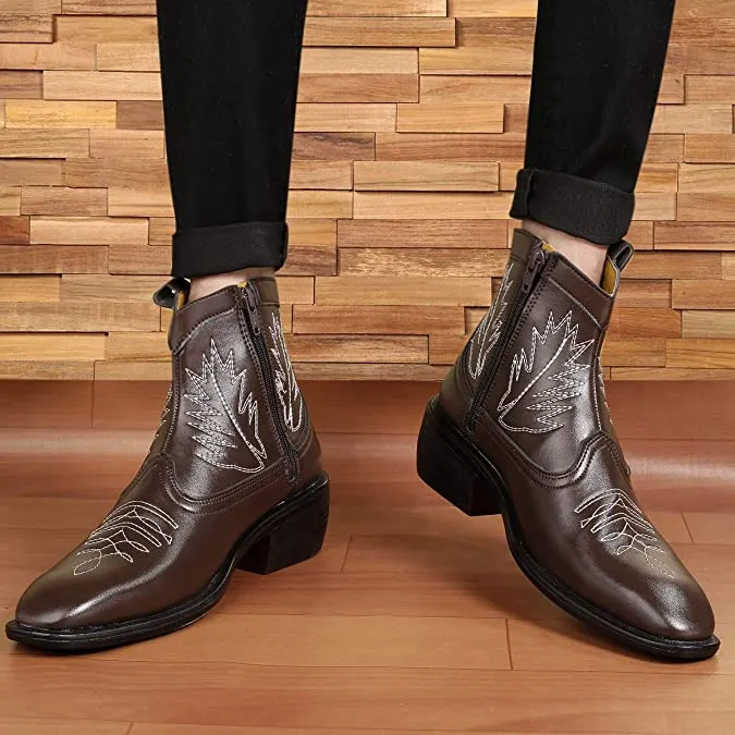 Stylish High Ankle Brown Casual And Formal Boot With Leaf Pattern-JonasParamount