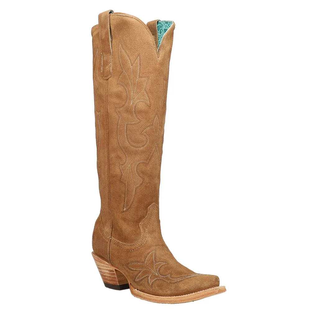 Suede Tooled-Inlay Tall Snip Toe Cowboy Boots