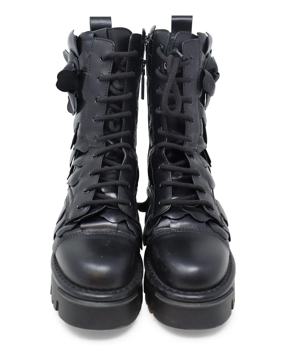 Valentino Black Leather Floral Boots sz 7