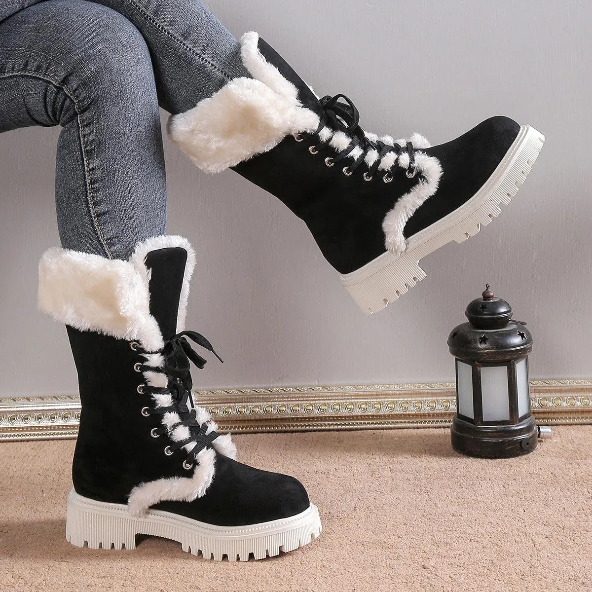 Winter Lace-up Mid-tube Warm Fleece Chunky Heels Plush Boots