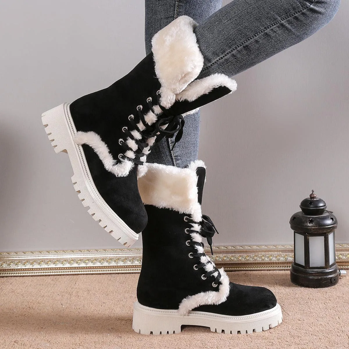 Winter Lace-up Mid-tube Warm Fleece Chunky Heels Plush Boots