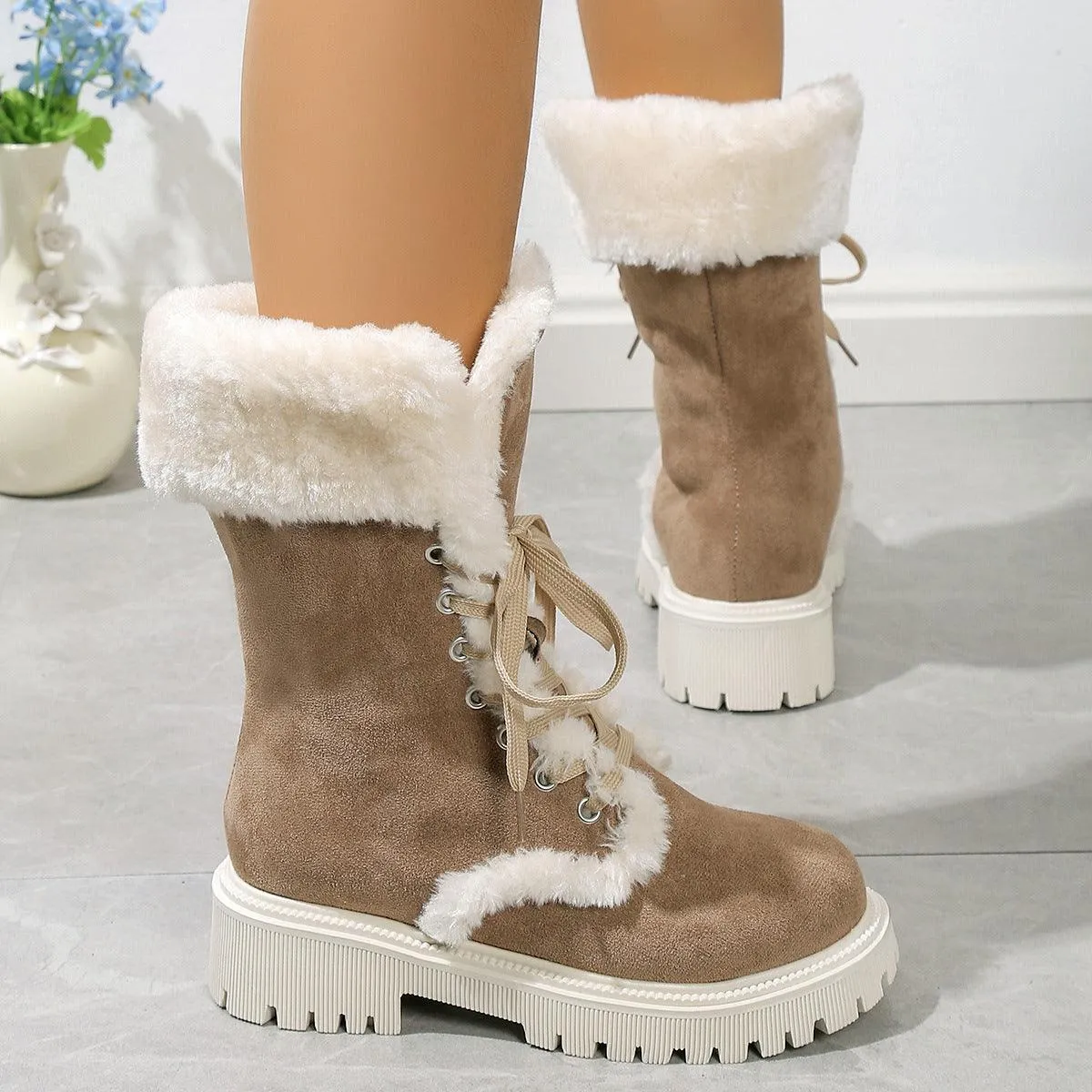 Winter Lace-up Mid-tube Warm Fleece Chunky Heels Plush Boots