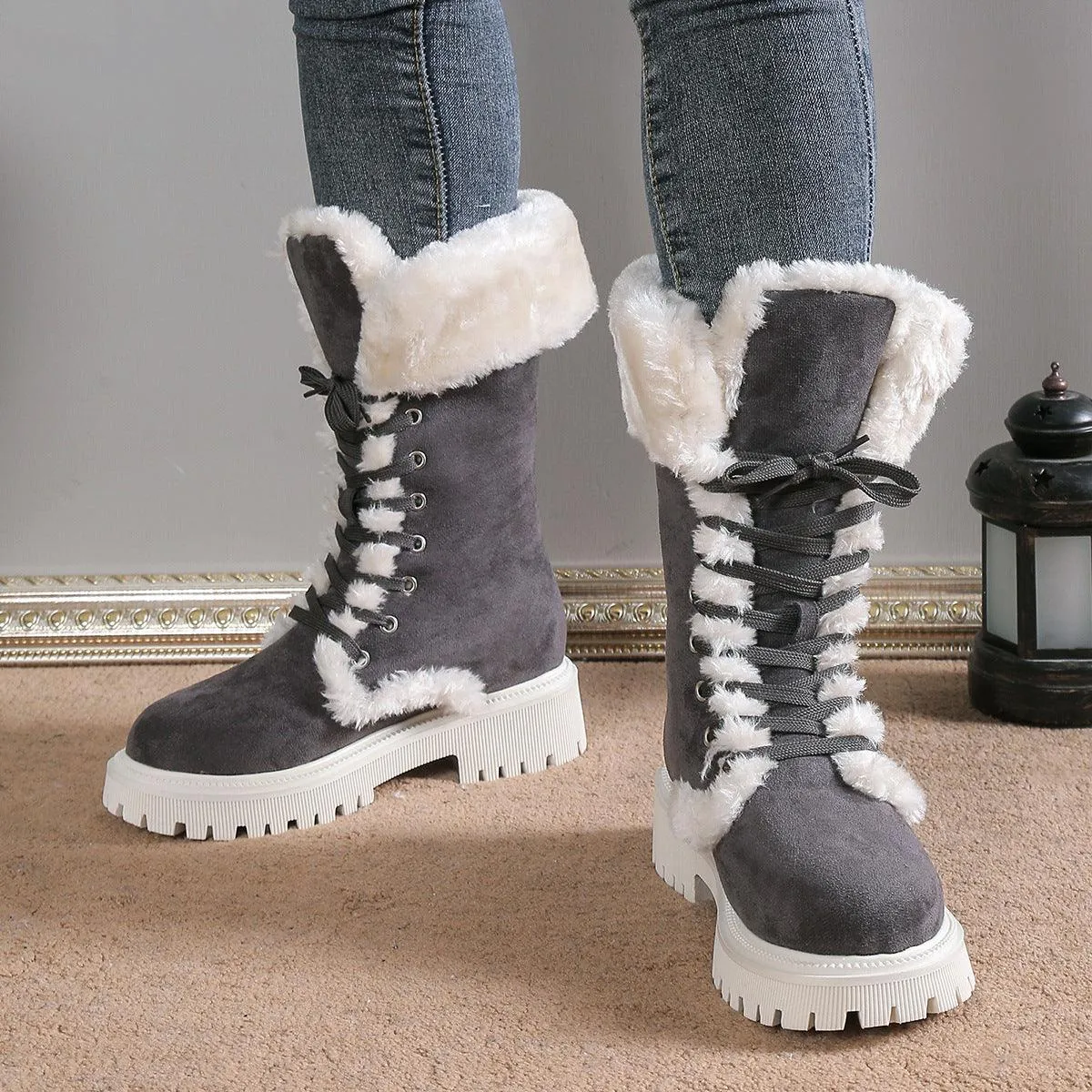 Winter Lace-up Mid-tube Warm Fleece Chunky Heels Plush Boots