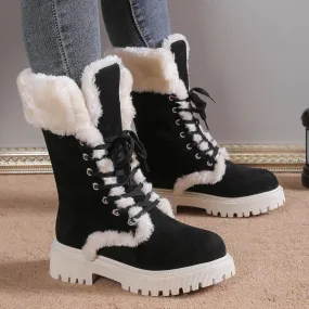 Winter Lace-up Mid-tube Warm Fleece Chunky Heels Plush Boots