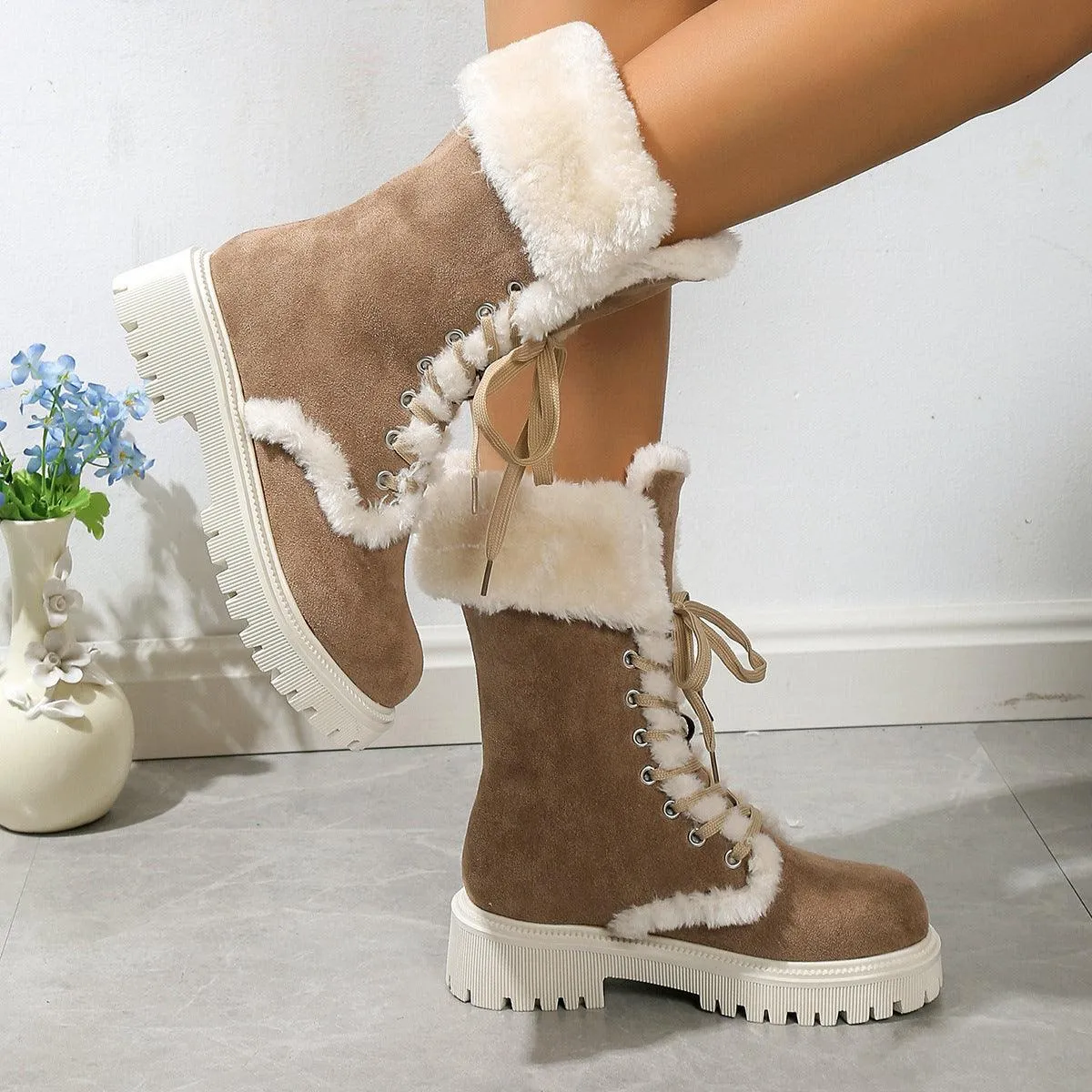 Winter Lace-up Mid-tube Warm Fleece Chunky Heels Plush Boots