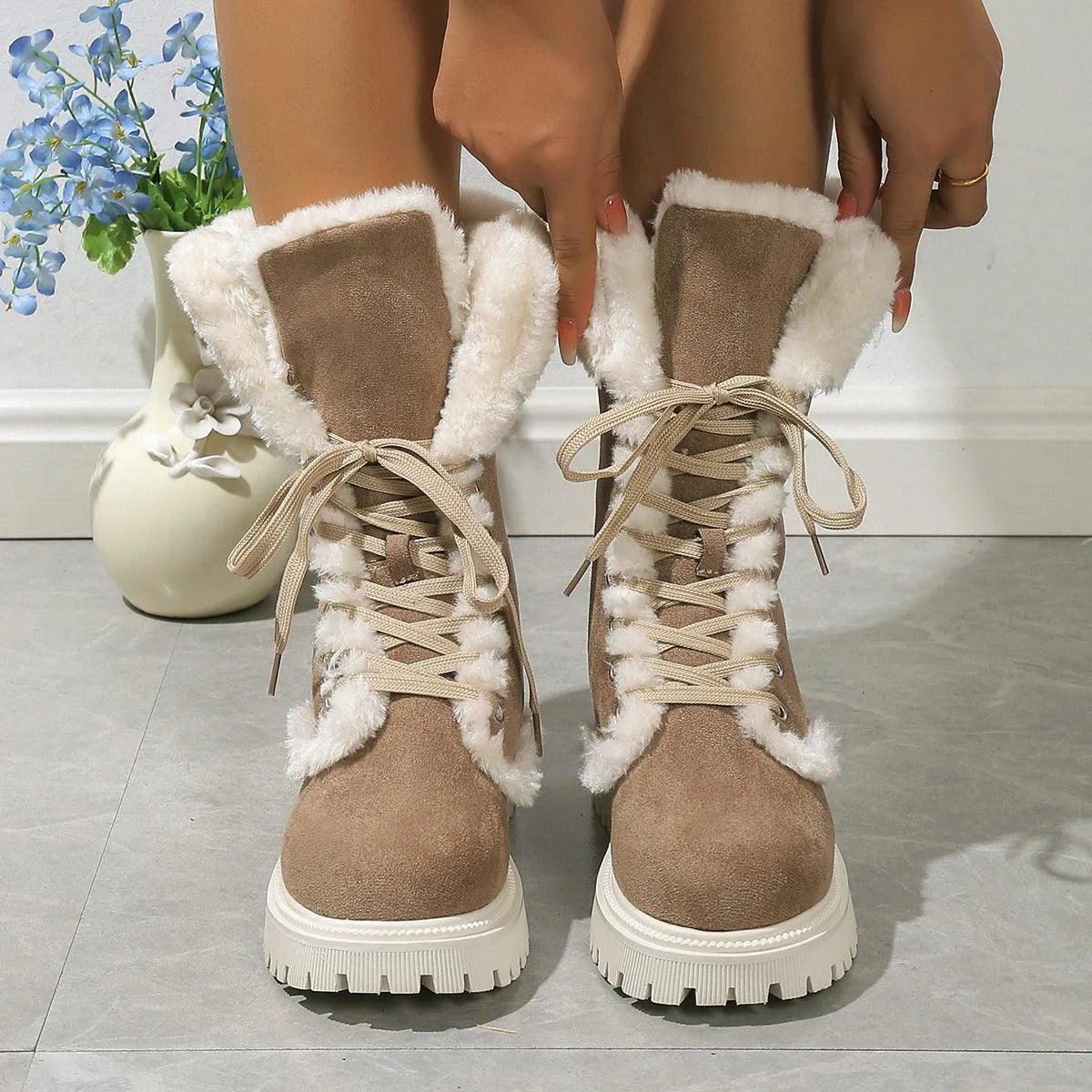 Winter Lace-up Mid-tube Warm Fleece Chunky Heels Plush Boots