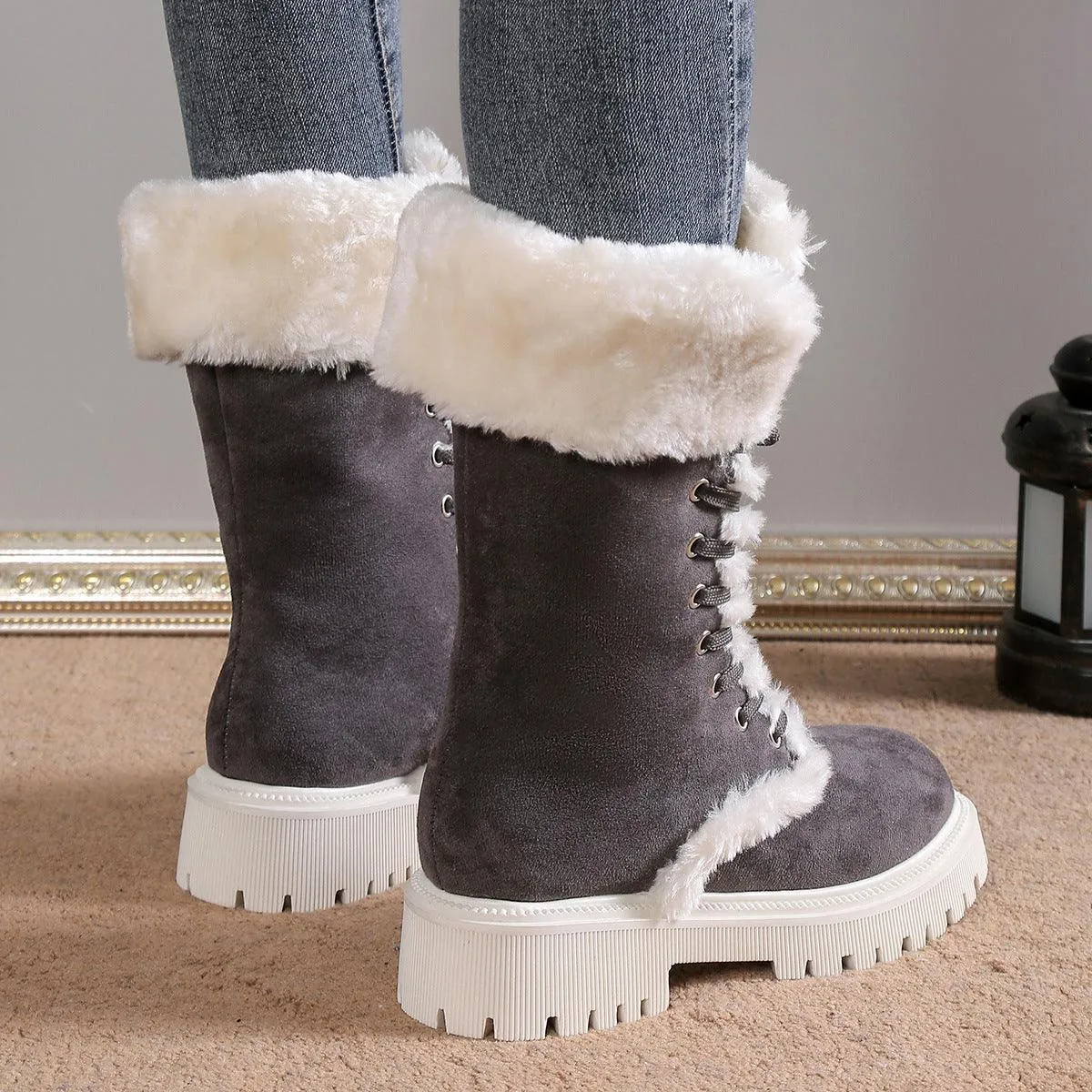 Winter Lace-up Mid-tube Warm Fleece Chunky Heels Plush Boots